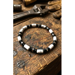 Bracelet  argenté en pierres naturelles Obsidienne noire et Howlite Blanche AA 6 mm pour Homme