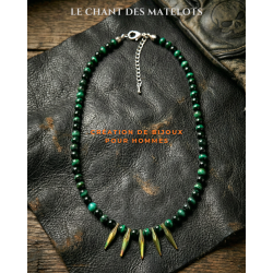 Collier homme perles naturelles 6mm Oeil de tigre vert / Onyx noir / pendentifs Art déco